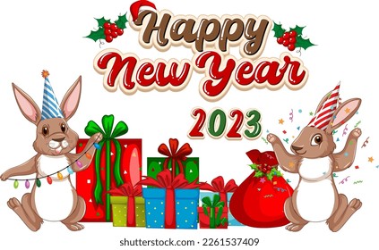 Happy New Year text with cute rabbit for banner design illustration