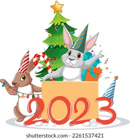 Happy New Year text with cute rabbit for banner design illustration