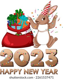 Happy New Year text with cute rabbit for banner design illustration