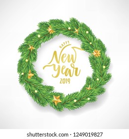 Happy New Year text with decorated  realistic wreath. Hand lettering typography for Happy New Year holidays greeting card, invitation, banner, postcard, web, poster template. Vector illustration.