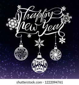 Happy new year text design for laser cutting. Vector logo with christmas elements. Usable as a banner, greeting card, window decoration, shop windows for the winter holidays.
