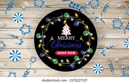  Happy New Year text design background with wreath and christmas toys.Vector  illustration.