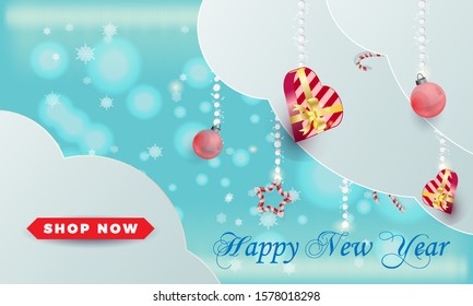 Happy New Year text design background with gifts and candys. Vector  illustration. with candys. Vector illustration