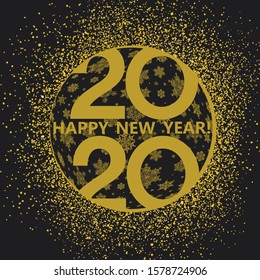 Happy New Year Text Design. Golden circle with text greetings. Vector illustration with golden particles.