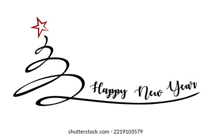Diseño de texto de Año Nuevo Feliz con árbol de navidad. para plantilla de diseño de folleto, tarjeta, banner. Ilustración vectorial. Aislado sobre fondo blanco. Minimalismo