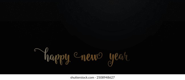 Happy new year text design with golden particles. Golden new year decoration and confetti on dark background. Holiday greeting card design.
