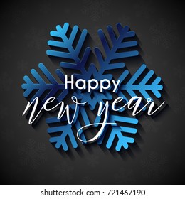 Happy New Year text design. Vector greeting illustration with blue paper snowflake on dark background