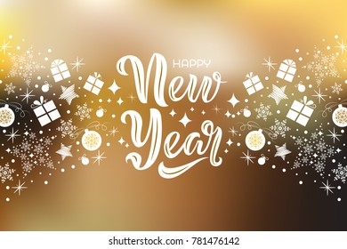 Happy New Year text design with decorative elements on blurred gold background. Vector illustration. New Year lettering. New Year pattern design. Template for a poster, cards, banner, background.