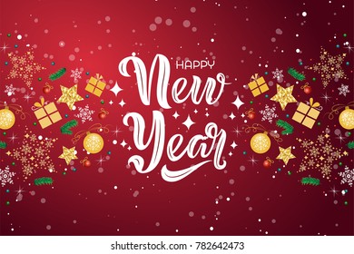 Happy New Year text design with decorative elements on red snowy background. Vector illustration. New Year lettering. New Year pattern design. Template for a poster, cards, banner, background.