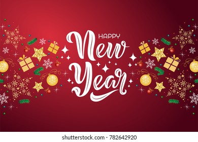 Happy New Year text design with decorative elements on red background. Vector illustration. New Year lettering. New Year pattern design. Template for a poster, cards, banner, background.