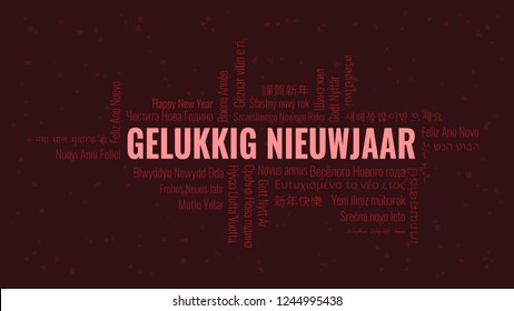 Happy New Year text in Dutch 'Gelukkig Nieuwjaar' with word cloud in many languages on a dark snowy background