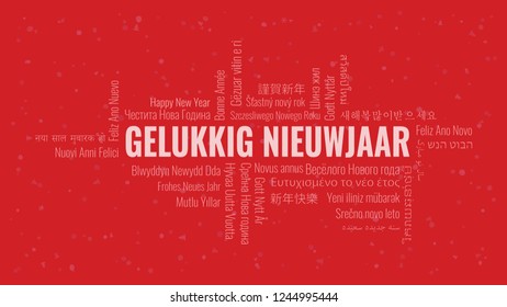 Happy New Year text in Dutch 'Gelukkig Nieuwjaar' with word cloud in many languages on a red snowy background