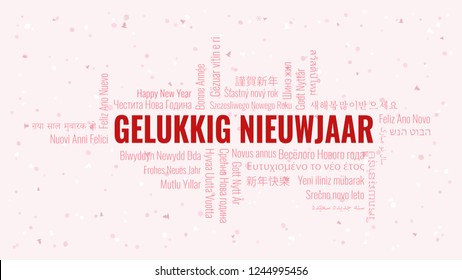 Happy New Year text in Dutch 'Gelukkig Nieuwjaar' with word cloud in many languages on a white snowy background