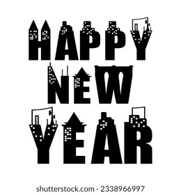 Happy new year text effect with building vector design.