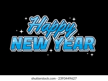 Feliz diseño de efecto de texto de año nuevo en colores azules. fondo negro
