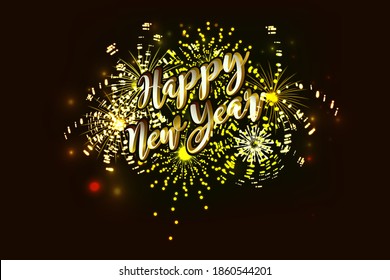 Feliz texto de Año Nuevo con fondo de fuegos artificiales, banner de concepto de celebración de fiestas. vector de ilustración.	