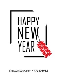 Happy New Year text in focus frame. Black border and font Happy New Year isolated on white background. Stringent design for poster of party, greeting, Christmas celebration. Vector illustration