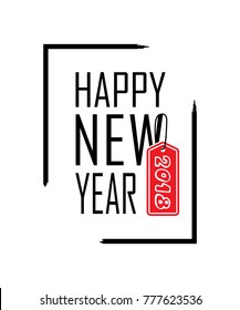 Happy New Year text in focus frame. Black border and font Happy New Year isolated on white background. Stringent design for poster of party, greeting, Christmas celebration. Vector illustration