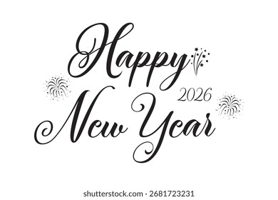 Feliz ano novo texto fonte caligrafia mão escrito lettering script preto cor objeto feliz ano novo 2026 2027 2028 calendário feliz ano novo dezembro janeiro mês evento banner pôster inverno presente