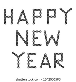 Happy new year text formed by bike chain. Vector illustration.