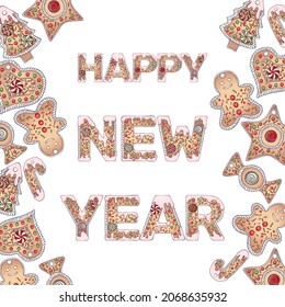 Feliz Año Nuevo con un marco compuesto de galletas de pan de jengibre. Grabado de Navidad. Ilustración vectorial en el estilo de dibujo a mano de dibujos animados aislados en blanco. Tipografía creativa. Tarjeta de diseño, cartel, impresión
