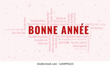 Happy New Year text in French 'Bonne Annee' with word cloud in many languages on a white snowy background