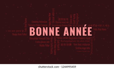 Happy New Year text in French 'Bonne Annee' with word cloud in many languages on a dark snowy background