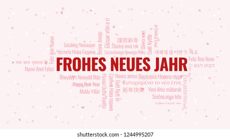 Happy New Year text in German 'Frohes Neues Jahr' with word cloud in many languages on a white snowy background