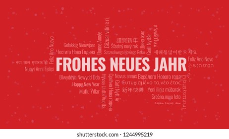 Happy New Year text in German 'Frohes Neues Jahr' with word cloud in many languages on a red snowy background