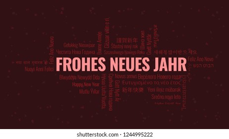 Happy New Year text in German 'Frohes Neues Jahr' with word cloud in many languages on a dark snowy background