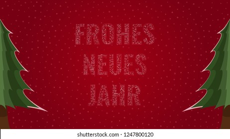 Happy New Year text in German 'Frohes Neues Jahr' filled with 'Happy New Year' text in many different laguages on a red snowy background with pine trees on sides