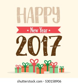 happy new year. text with gift box. poster banner. cute design concept. vector illustration.