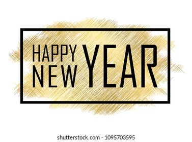 Happy New Year text. Gold Happy New Year or Christmas isolated background. Black border frame. Golden texture for card, holiday celebration decoration. Greeting banner Vector illustration