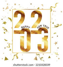 Happy new year text in gold confetti background