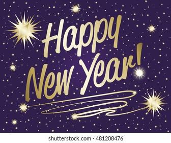 Happy New Year - Happy New Year text in gold gradient with sparkle stars on purple night background