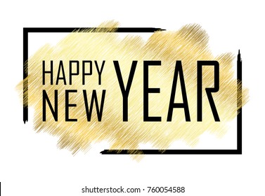 Happy New Year text. Gold Happy New Year or Christmas isolated background. Black border frame. Golden texture for card, holiday celebration decoration. Greeting banner Vector illustration