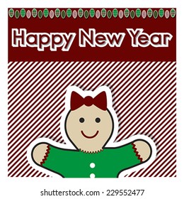 Happy New Year text greeting card. Winter Christmas holiday background with Gingerbread cookie, vector