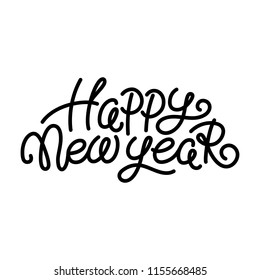 Happy New Year text, hand written monoline lettering, typographic element for greeting cards, banners, isolated vector illustration on white background. Happy New Year greeting text, lettering design