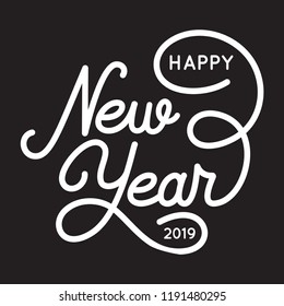 Happy New Year text, hand drawn lettering. Monochrome typography for Holiday Greeting Gift Poster. Great for Christmas and New year cards, posters, gift tags. Vector illustration.