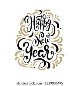 Happy New Year text, hand drawn lettering. Holiday greetings quote. Great for Christmas and New year cards, posters, gift tags.