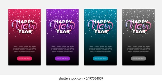 Happy New Year text hand drawn acrylic calligraphic lettering blogger stories banner design template. Merry Christmas holiday typography greeting gift story poster set with snow. Vector illustration