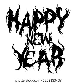 Happy New Year text. Hand drawn lettering in goth style. Black letters illustration in horror style. Fashionable style for decor. Vector EPS 10