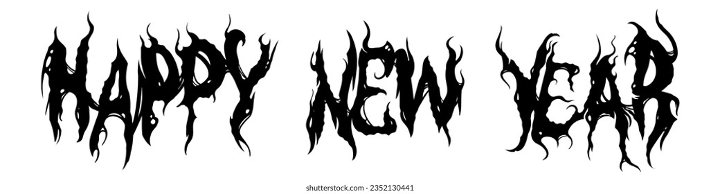 Happy New Year text. Hand drawn lettering in goth style. Black letters illustration in horror style. Fashionable style for decor. Vector EPS 10