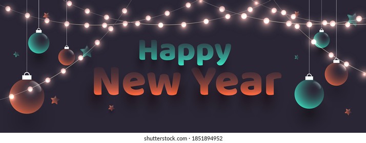 Happy New Year Text With Hanging Glossy Baubles And Lighting Garlands Decorated Background. Header Or Banner Design.