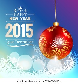 happy new year text with hanging christmas red ball and snowflakes at bottom