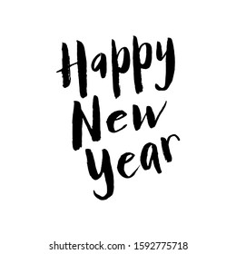 Happy new year text. Isolated hand drawn lettering greeting typography quote. Celebration poster, banner, card. Vector eps 10. 