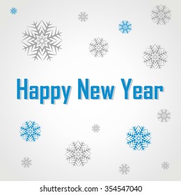 Happy New Year text label on a winter background with snow and snowflakes