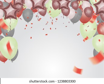 Happy New Year text, lettering for greeting cards, banners, posters, isolated vector illustration with balloons. Confetti and ribbons flag ribbons, Celebration background template