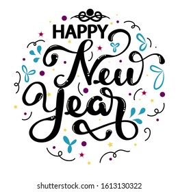 Happy New Year Text lettering decorated with stars. Illustration new year