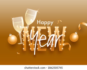 Happy New Year Text With Lighting Garland With 3D Baubles And Drink Glasses On Golden Background.